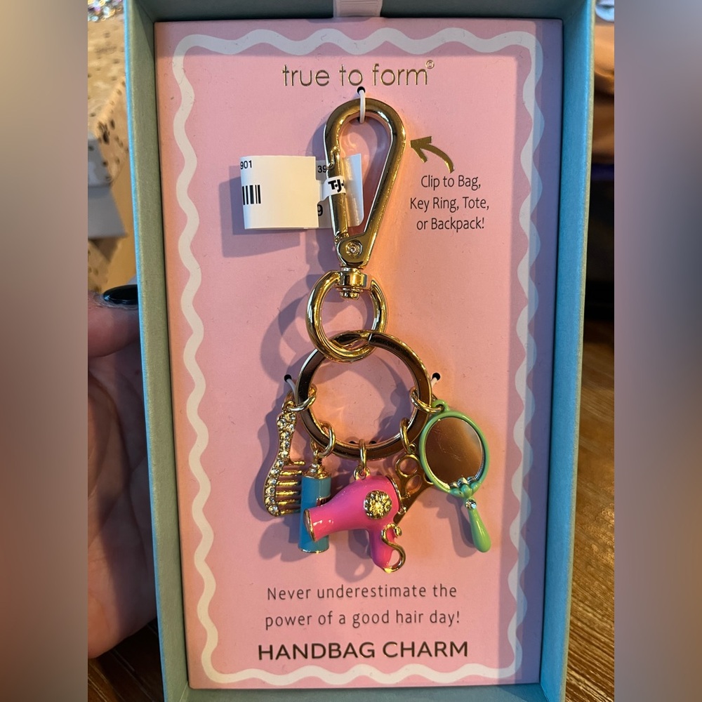 True to Form Gold and Pink Keychain with Hair Beauty Styling cosmology Charms